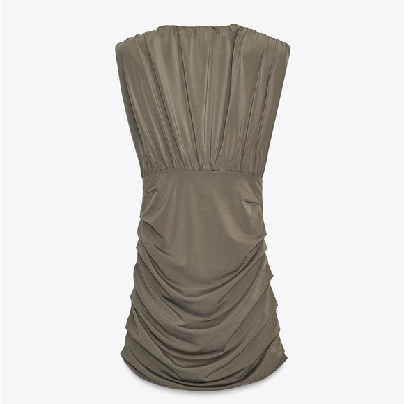 Zara NWT Khaki Olive Green Plunge Neck Ruched Shoulder Pad Mini Dress (Small) - Picture 9 of 12